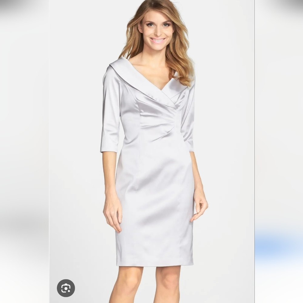 Kay Unger NY Gray Metalic Satin Midi Dress Elegant Evening Wedding Size 2